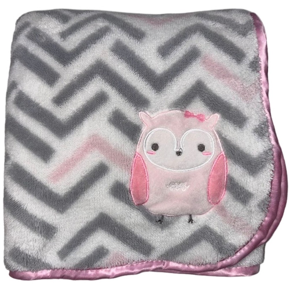 SL Home Fashions Owl Gray White Pink Fleece Baby Blanket RN‎ 119741 Chevron Girl